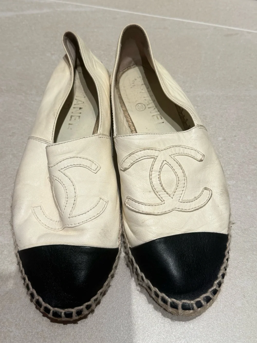 CHANEL Two-Tone Leather Espadrilles in Cream and Black
